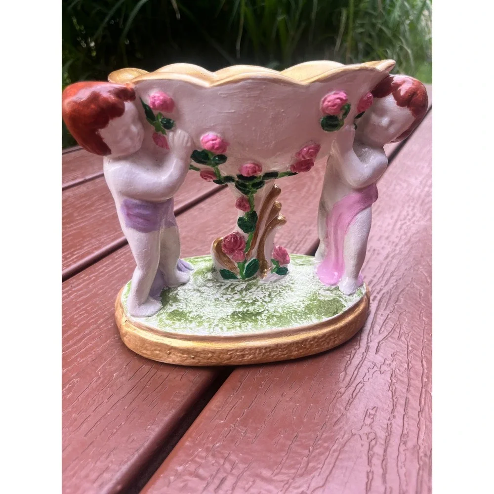Vintage Style Hand Painted Ceramic Cherub Compote Trinket Bowl Gold Pink Roses